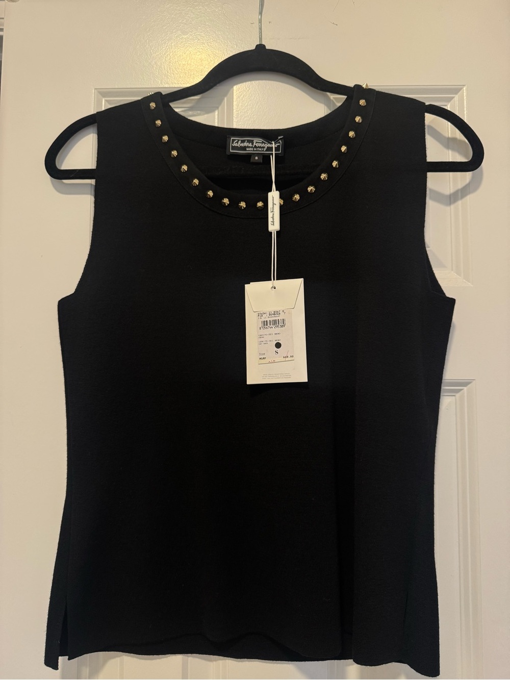 Salvatore Ferragamo Black Sleeveless Top with Gold Stud Trim